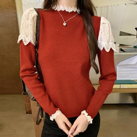 FA54703# 法式泡泡袖钩花上衣女秋冬氛围时尚套头半高领内搭打底衫  服裝批發女裝批發服飾貨源