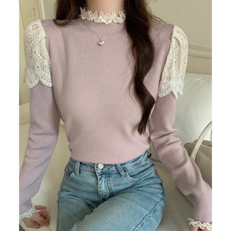 FA54703# 法式泡泡袖钩花上衣女秋冬氛围时尚套头半高领内搭打底衫  服裝批發女裝批發服飾貨源