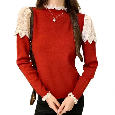 FA54703# 法式泡泡袖钩花上衣女秋冬氛围时尚套头半高领内搭打底衫  服裝批發女裝批發服飾貨源