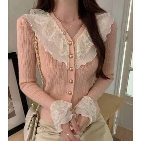 FA54704# 秋冬装新款韩版蕾丝拼接娃娃领针织复古小众百搭小衫女  服裝批發女裝批發服飾貨源