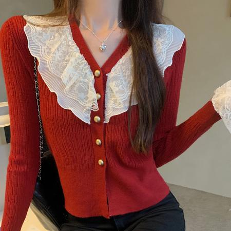 FA54704# 秋冬装新款韩版蕾丝拼接娃娃领针织复古小众百搭小衫女  服裝批發女裝批發服飾貨源