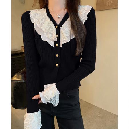 FA54704# 秋冬装新款韩版蕾丝拼接娃娃领针织复古小众百搭小衫女  服裝批發女裝批發服飾貨源