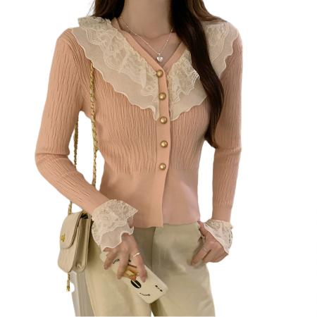 FA54704# 秋冬装新款韩版蕾丝拼接娃娃领针织复古小众百搭小衫女  服裝批發女裝批發服飾貨源