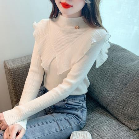 FA54707# 新款半高圆领设计感针织秋冬荷叶边气质打底上衣  服裝批發女裝批發服飾貨源