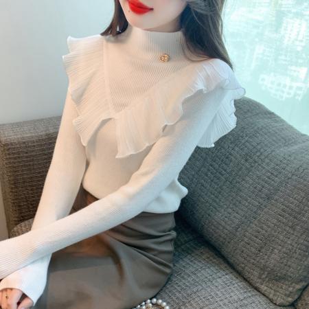 FA54707# 新款半高圆领设计感针织秋冬荷叶边气质打底上衣  服裝批發女裝批發服飾貨源