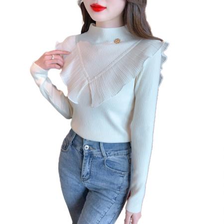 FA54707# 新款半高圆领设计感针织秋冬荷叶边气质打底上衣  服裝批發女裝批發服飾貨源