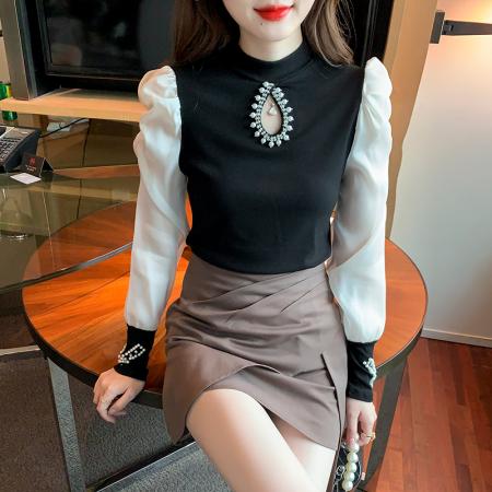 FA54710# 秋季镂空小心机重工钉珠拼接雪纺衫修身长袖上衣  服裝批發女裝批發服飾貨源