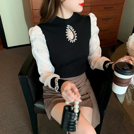 FA54710# 秋季镂空小心机重工钉珠拼接雪纺衫修身长袖上衣  服裝批發女裝批發服飾貨源