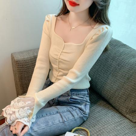 FA54711# 新款针织衫女修身打底毛衣秋冬季拼接蕾丝袖上衣女  服裝批發女裝批發服飾貨源