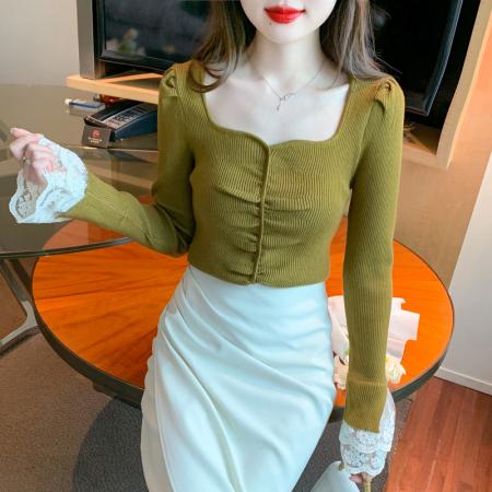 FA54711# 新款针织衫女修身打底毛衣秋冬季拼接蕾丝袖上衣女  服裝批發女裝批發服飾貨源