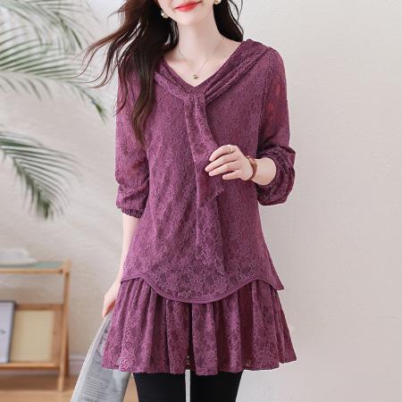 FA54712# 春季新款大码蕾丝气质系带洋气胖MM时尚宽松遮肚上衣裙子  服裝批發女裝批發服飾貨源