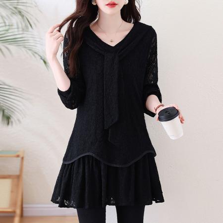 FA54712# 春季新款大码蕾丝气质系带洋气胖MM时尚宽松遮肚上衣裙子  服裝批發女裝批發服飾貨源