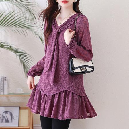 FA54712# 春季新款大码蕾丝气质系带洋气胖MM时尚宽松遮肚上衣裙子  服裝批發女裝批發服飾貨源