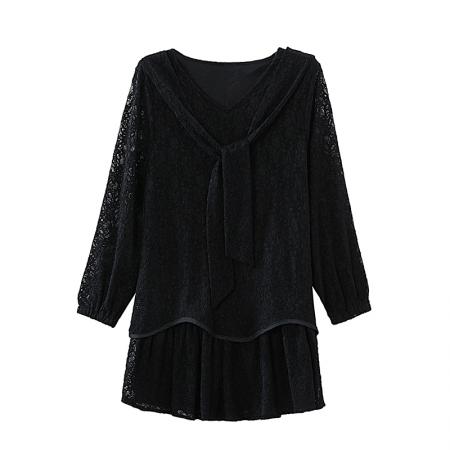 FA54712# 春季新款大码蕾丝气质系带洋气胖MM时尚宽松遮肚上衣裙子  服裝批發女裝批發服飾貨源