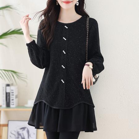 FA54713# 春季新款大码胖MM显瘦亮闪闪拼接雪纺中长款百搭上衣裙子  服裝批發女裝批發服飾貨源