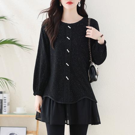 FA54713# 春季新款大码胖MM显瘦亮闪闪拼接雪纺中长款百搭上衣裙子  服裝批發女裝批發服飾貨源