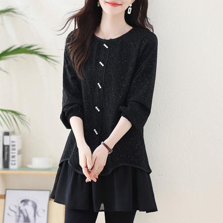 FA54713# 春季新款大码胖MM显瘦亮闪闪拼接雪纺中长款百搭上衣裙子  服裝批發女裝批發服飾貨源