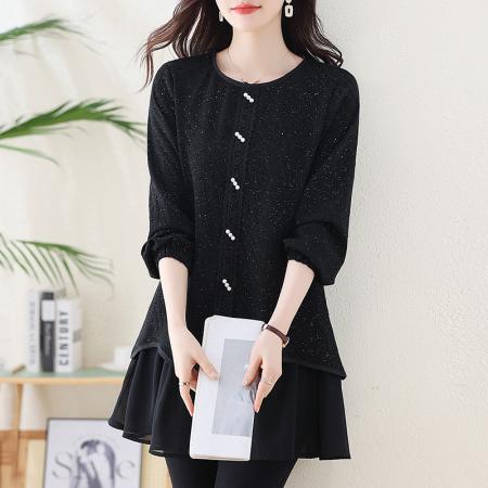 FA54713# 春季新款大码胖MM显瘦亮闪闪拼接雪纺中长款百搭上衣裙子  服裝批發女裝批發服飾貨源