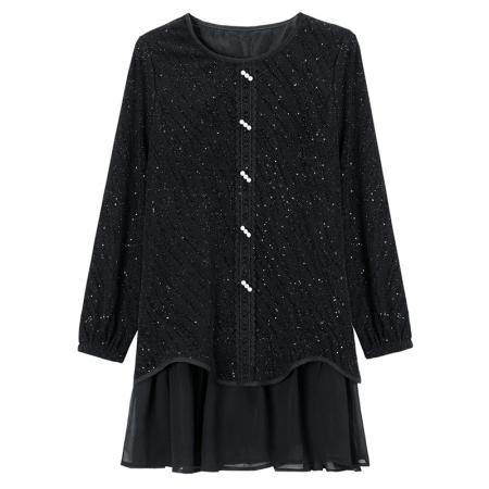 FA54713# 春季新款大码胖MM显瘦亮闪闪拼接雪纺中长款百搭上衣裙子  服裝批發女裝批發服飾貨源