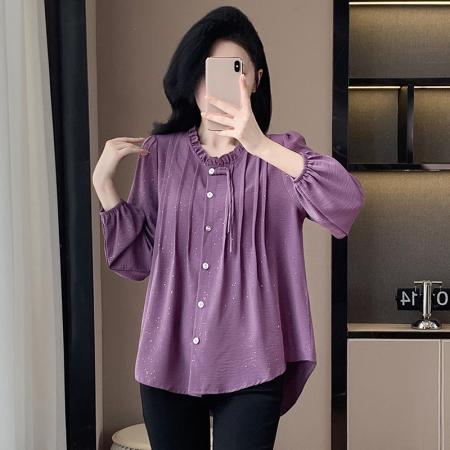 FA54714# 春季新款长袖中长款纯色衬衫女大码胖MM洋气减龄百搭上衣  服裝批發女裝批發服飾貨源
