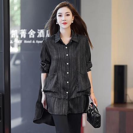 FA54715# 春季新款长袖纯色衬衫女大码胖MM洋气减龄百搭上衣简约秋  服裝批發女裝批發服飾貨源