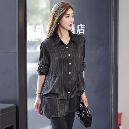 FA54715# 春季新款长袖纯色衬衫女大码胖MM洋气减龄百搭上衣简约秋  服裝批發女裝批發服飾貨源