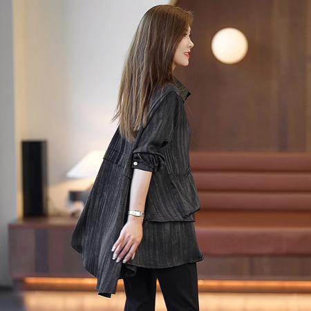 FA54715# 春季新款长袖纯色衬衫女大码胖MM洋气减龄百搭上衣简约秋  服裝批發女裝批發服飾貨源