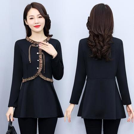 FA54716# 春装新款装减龄韩版修身荷叶边裙雪纺纯色圆领长袖连衣裙  服裝批發女裝批發服飾貨源