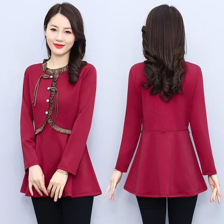 FA54716# 春装新款装减龄韩版修身荷叶边裙雪纺纯色圆领长袖连衣裙  服裝批發女裝批發服飾貨源