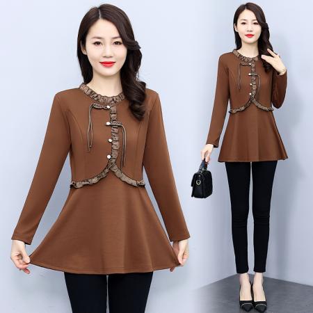 FA54716# 春装新款装减龄韩版修身荷叶边裙雪纺纯色圆领长袖连衣裙  服裝批發女裝批發服飾貨源