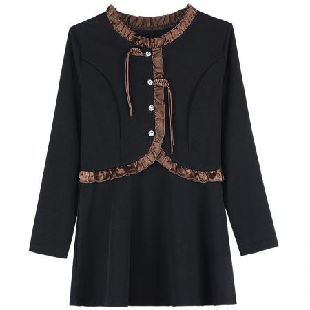 FA54716# 春装新款装减龄韩版修身荷叶边裙雪纺纯色圆领长袖连衣裙  服裝批發女裝批發服飾貨源