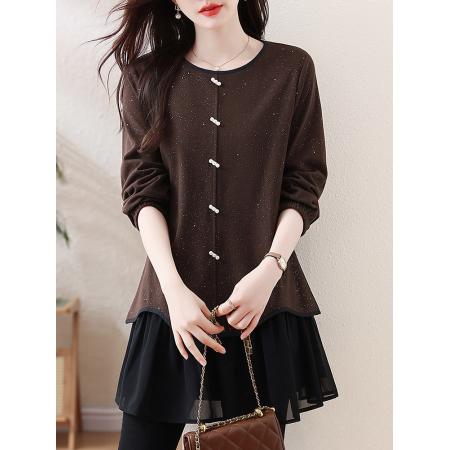 FA54717# 春季新款大码胖MM遮肉显瘦亮闪闪拼接假两件百搭上衣  服裝批發女裝批發服飾貨源