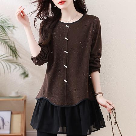 FA54717# 春季新款大码胖MM遮肉显瘦亮闪闪拼接假两件百搭上衣  服裝批發女裝批發服飾貨源