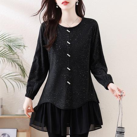 FA54717# 春季新款大码胖MM遮肉显瘦亮闪闪拼接假两件百搭上衣  服裝批發女裝批發服飾貨源