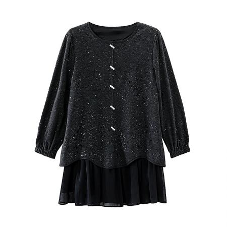 FA54717# 春季新款大码胖MM遮肉显瘦亮闪闪拼接假两件百搭上衣  服裝批發女裝批發服飾貨源