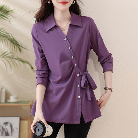 FA54718# 春季新款长袖纯色衬衫女大码胖MM洋气减龄百搭上衣简约秋  服裝批發女裝批發服飾貨源