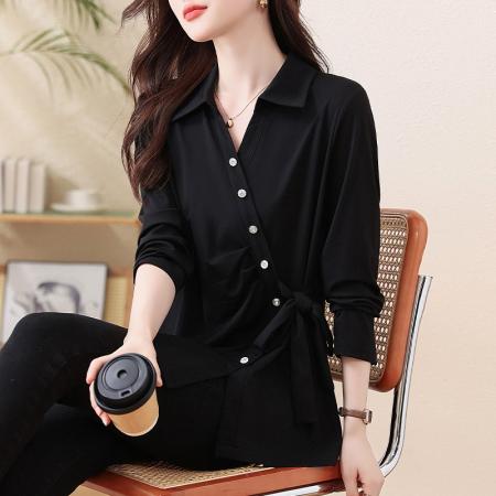 FA54718# 春季新款长袖纯色衬衫女大码胖MM洋气减龄百搭上衣简约秋  服裝批發女裝批發服飾貨源