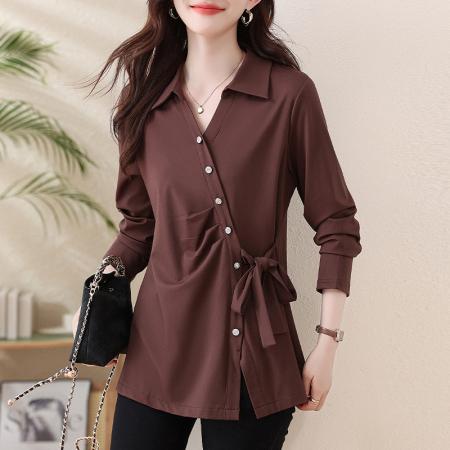 FA54718# 春季新款长袖纯色衬衫女大码胖MM洋气减龄百搭上衣简约秋  服裝批發女裝批發服飾貨源