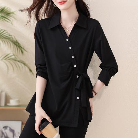 FA54718# 春季新款长袖纯色衬衫女大码胖MM洋气减龄百搭上衣简约秋  服裝批發女裝批發服飾貨源