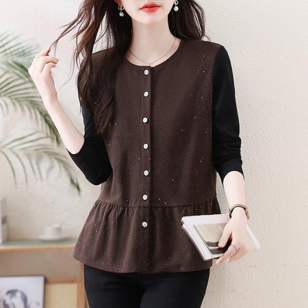 FA54719# 春季新款大码胖MM遮肉显瘦亮闪闪拼接长袖百搭上衣  服裝批發女裝批發服飾貨源