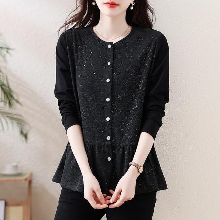 FA54719# 春季新款大码胖MM遮肉显瘦亮闪闪拼接长袖百搭上衣  服裝批發女裝批發服飾貨源