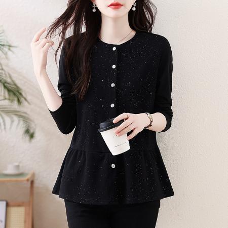 FA54719# 春季新款大码胖MM遮肉显瘦亮闪闪拼接长袖百搭上衣  服裝批發女裝批發服飾貨源