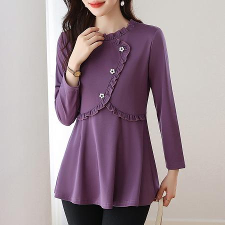 FA54720# 秋季新款长袖纯色女大码中长款洋气减龄百搭上衣简约秋  服裝批發女裝批發服飾貨源