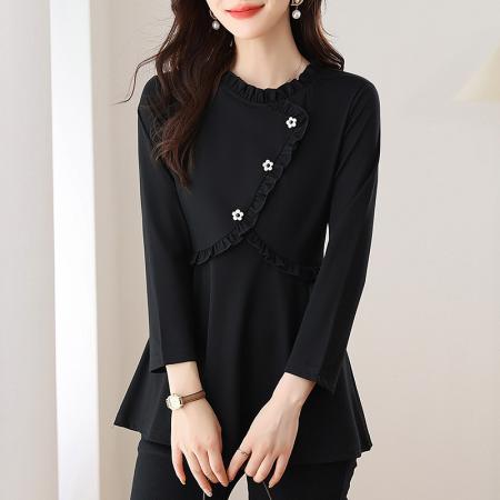 FA54720# 秋季新款长袖纯色女大码中长款洋气减龄百搭上衣简约秋  服裝批發女裝批發服飾貨源