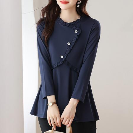 FA54720# 秋季新款长袖纯色女大码中长款洋气减龄百搭上衣简约秋  服裝批發女裝批發服飾貨源