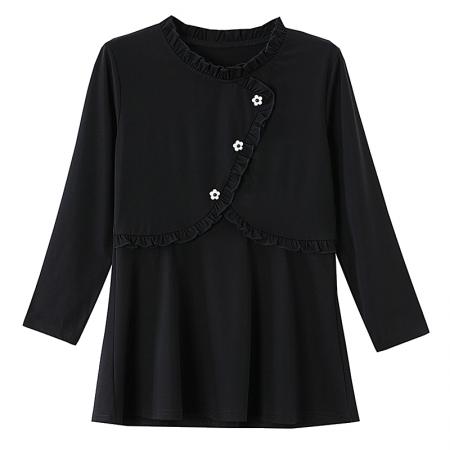 FA54720# 秋季新款长袖纯色女大码中长款洋气减龄百搭上衣简约秋  服裝批發女裝批發服飾貨源