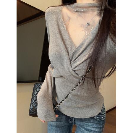 FA54721# 慕斯羊绒长袖t恤打底衫女春秋扭结内搭蕾丝V领上衣  服裝批發女裝批發服飾貨源