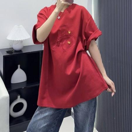 FA54722# 法式字母红色短袖t恤女马年本命年衣服新款洋气小衫新年上衣  服裝批發女裝批發服飾貨源