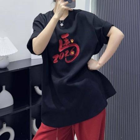 FA54722# 法式字母红色短袖t恤女马年本命年衣服新款洋气小衫新年上衣  服裝批發女裝批發服飾貨源