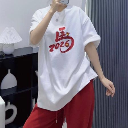 FA54722# 法式字母红色短袖t恤女马年本命年衣服新款洋气小衫新年上衣  服裝批發女裝批發服飾貨源